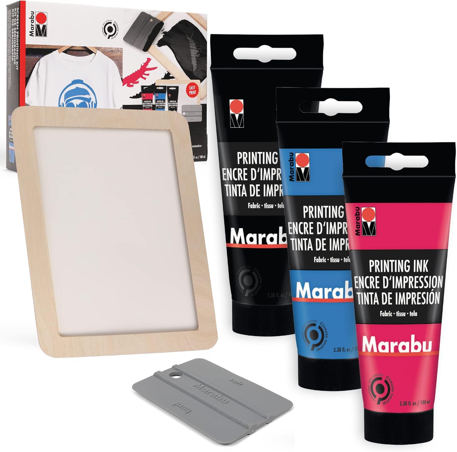 Marabu Screen Printing Kit Set - Screen Print Kit with Reusable Wooden Frame, 1 Screen Printing Squeegee, and 3 x 100ml Ink - Silk Screen Printing Kit for Beginners