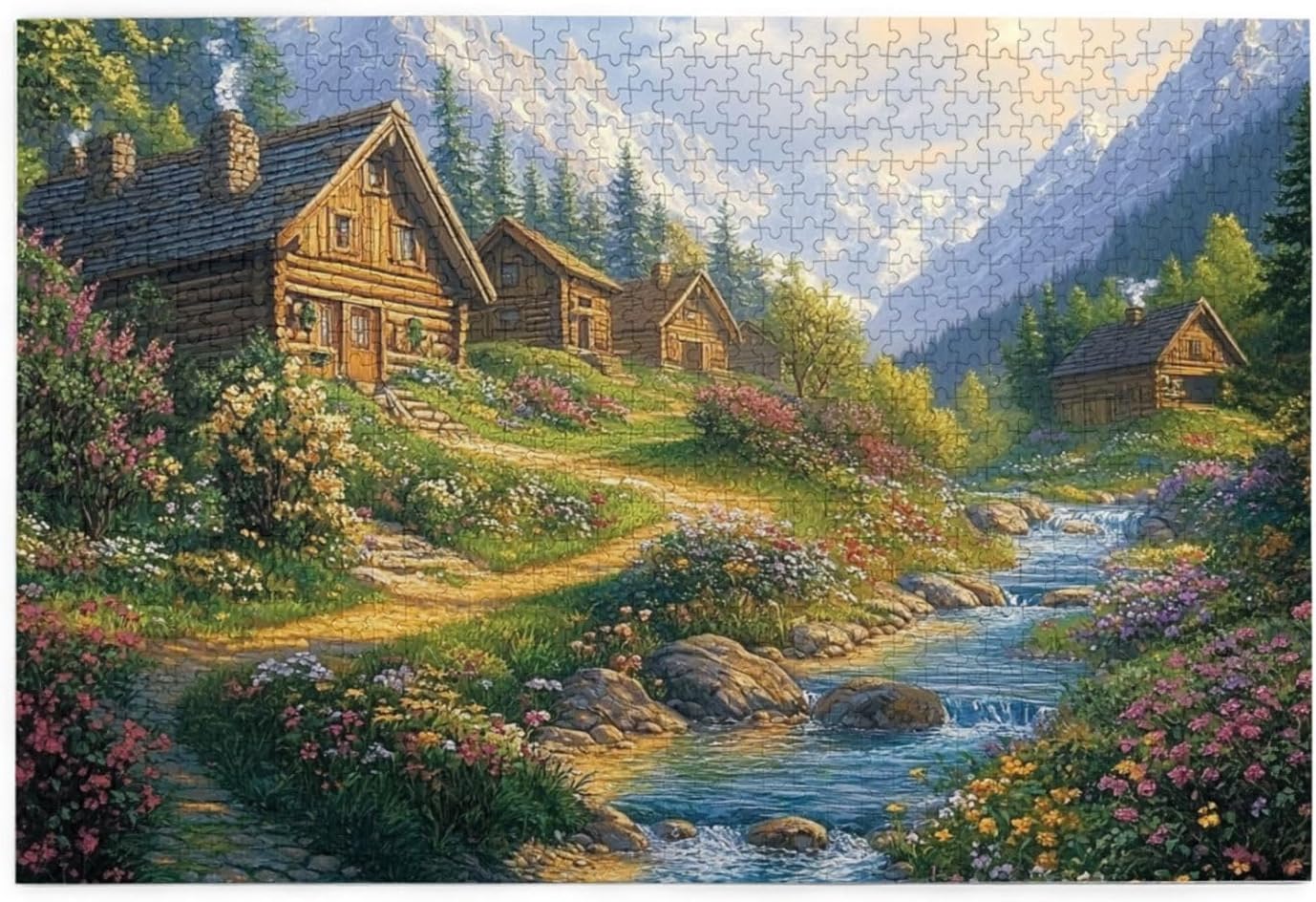 Vextrovia Stream Flowing Past Wooden Cabins, Snow Capped Mountains & Greenery, Wooden Jigsaw Puzzles for Adults 1000 Pieces, Family Activity, Game Nights & Relaxing Funny Gifts