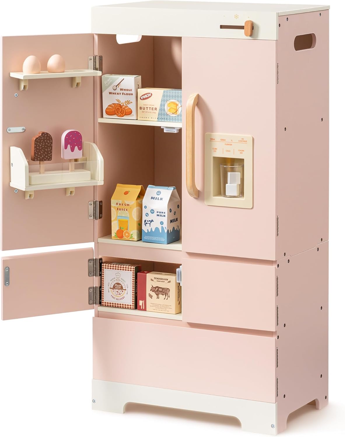 ROBOTIME Wooden Play Kitchen Fridge, Toddler Kitchen Refrigerator, Kids Refrigerator for Play Kitchen, Toy Fridge for Boys and Girls Ages 3+