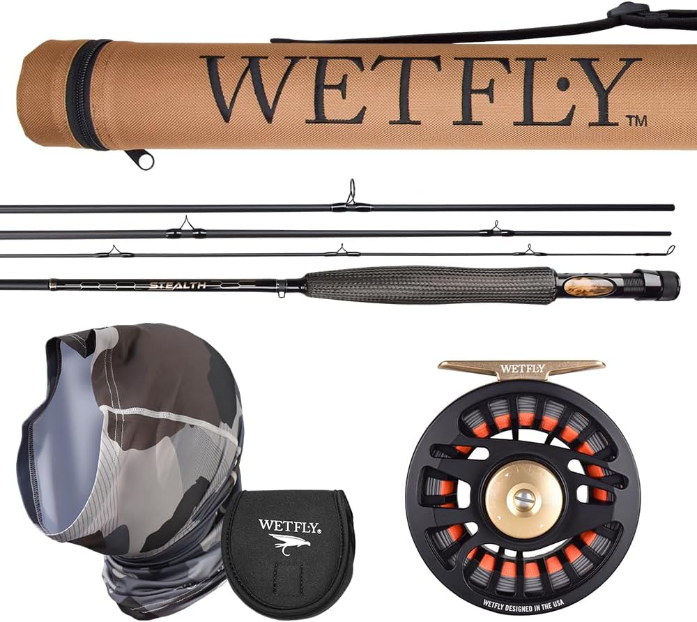 WETFLY UV Protection Gear & Element Stealth Combo Fly Fishing Kit – UPF 50+ Neck Gaiter, UV Face Mask, 5WT 9FT Carbon Fiber Fly Rod, Reel, Case & Accessories for Fishing, Hiking & Outdoor Sports