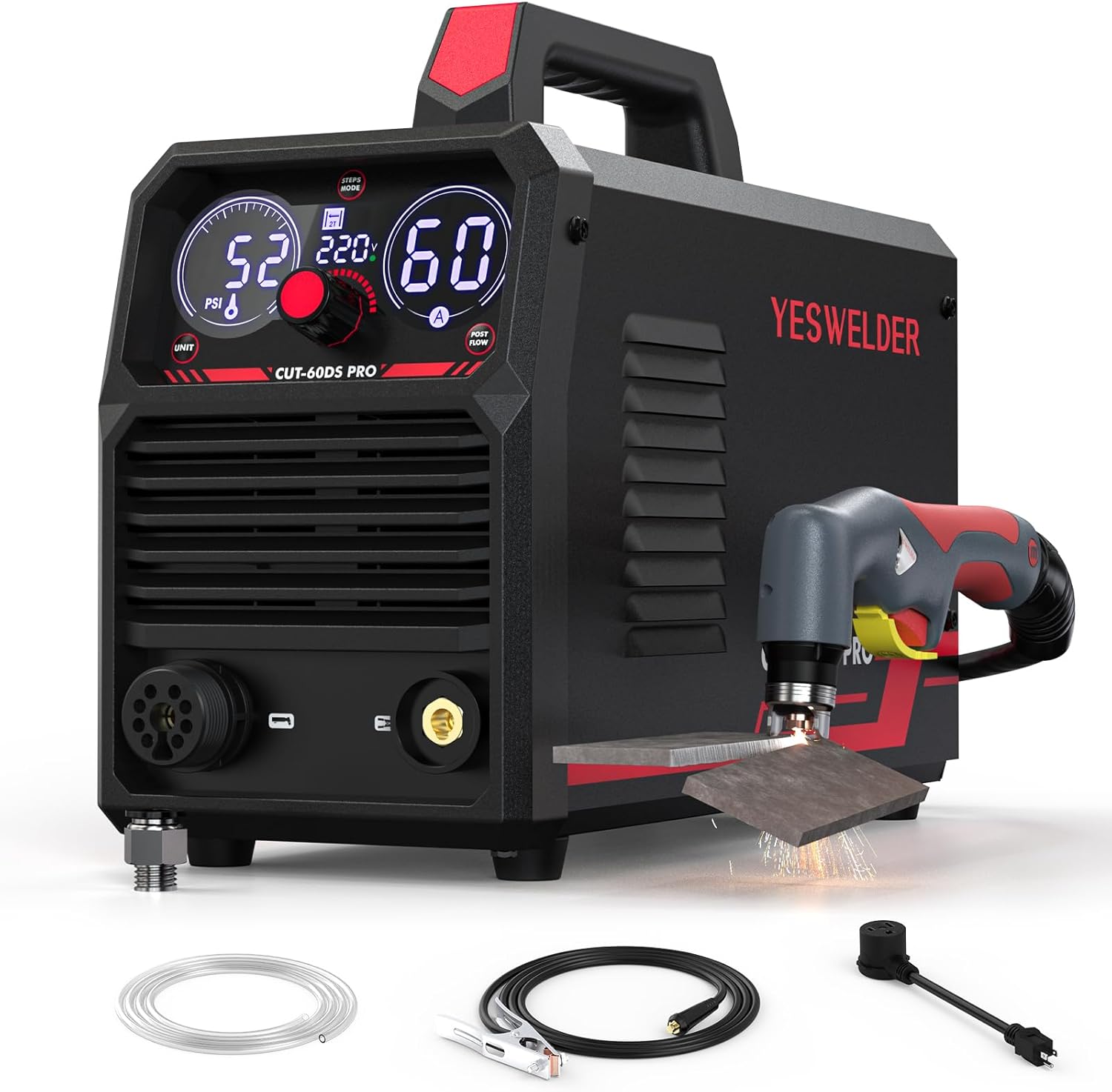 YESWELDER Plasma Cutter 65Amp Non-High Frequency Non-Touch Pilot Arc, Digital Display DC Inverter 110/220V Dual Voltage Blowback Plasma Cutting Machine CUT-65DS PRO
