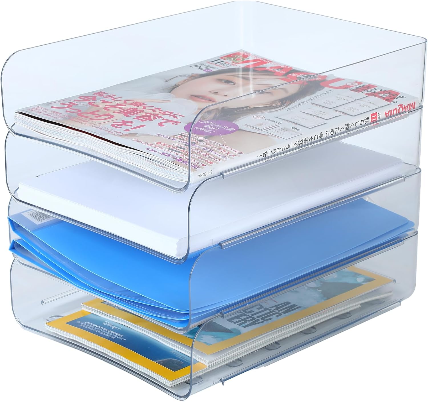 HKeeper (4pcs Pack) HKeeper Stackable Paper Trays,Letter Tray Organizer,Office Desktop Organizer,A4 Paper Holder,Supplies Magazine,File Documents,Receipts(Clear,Regular)