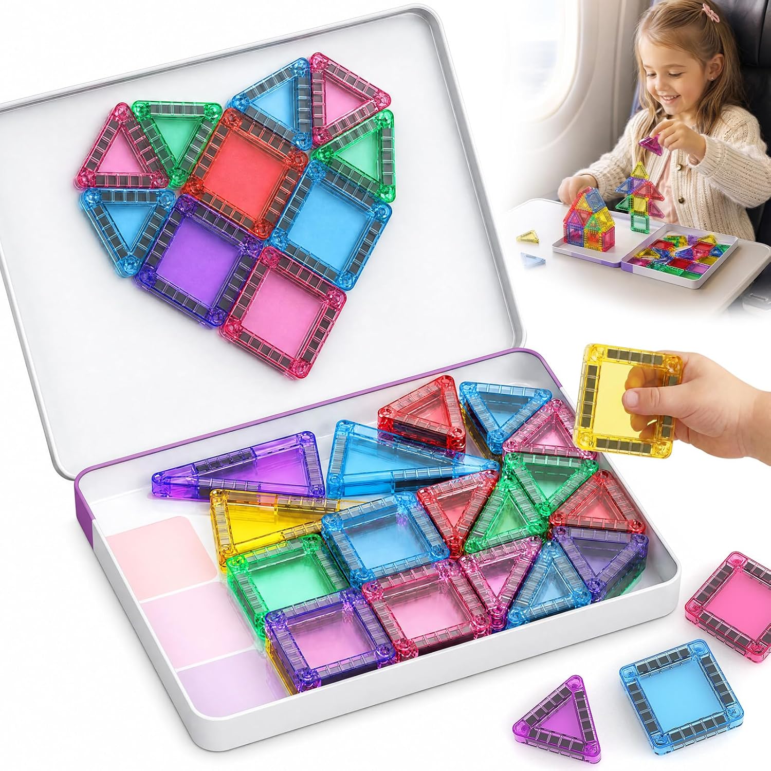 hunloot Magnetic Tiles for Kids Travel: 40pcs Portable Mini Building Toy - 30-Sec Iron Case Opens Into 10.6-Inch Play Board - STEM Gift for Toddlers Ages 3-6 - Airplane Road Trip Restaurant