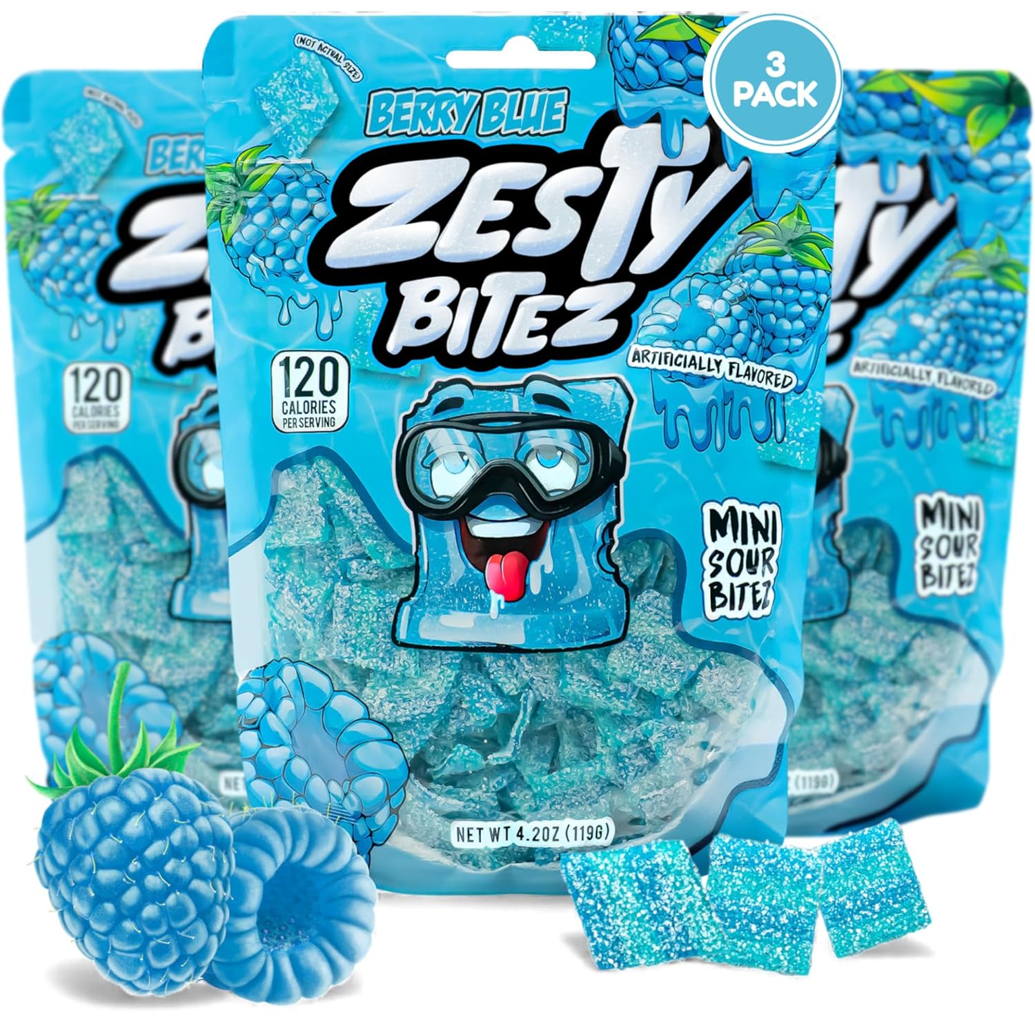 Zesty Bitez Sour Candy, Sour Belts, Blue Raspberry, Sour Gummy Candy Bulk Pack, Thin Strips of Sour Candies, Bite-Sized Sweet and Sour Gummies, Resealable 3 Pack