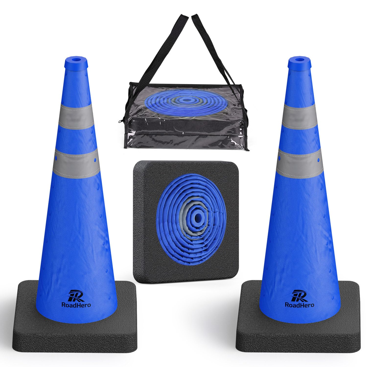 RoadHero 1 Pack 28 Inch Collapsible Traffic Safety Cones with Black Weighted Base, Blue Parking Cones with Reflective Collars for Road Safety, Driving Training, Parking Lots