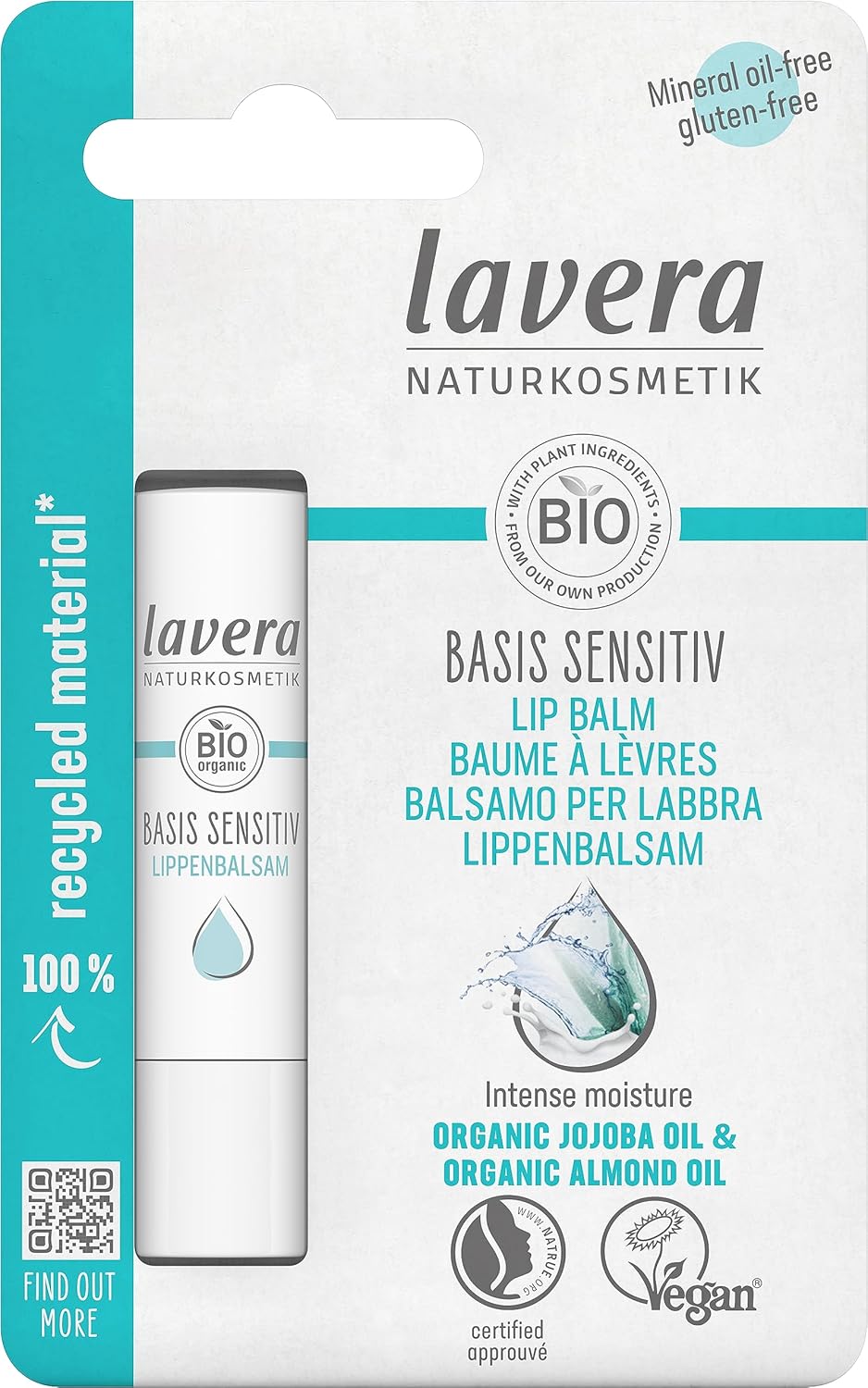 lavera basis sensitiv Lip Balm - for sensitive lips - moisturises & soothes - with organic jojoba oil & organic almond oil - vegan