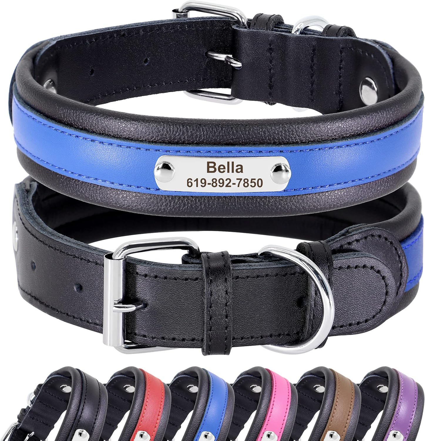 PET ARTIST Studded Blue Leather Dog Collar with Name Plate - Personalized Leather Dog Collars for Large Dogs - Free Engraved with ID Tags, XL(Neck 19.5-24.5")