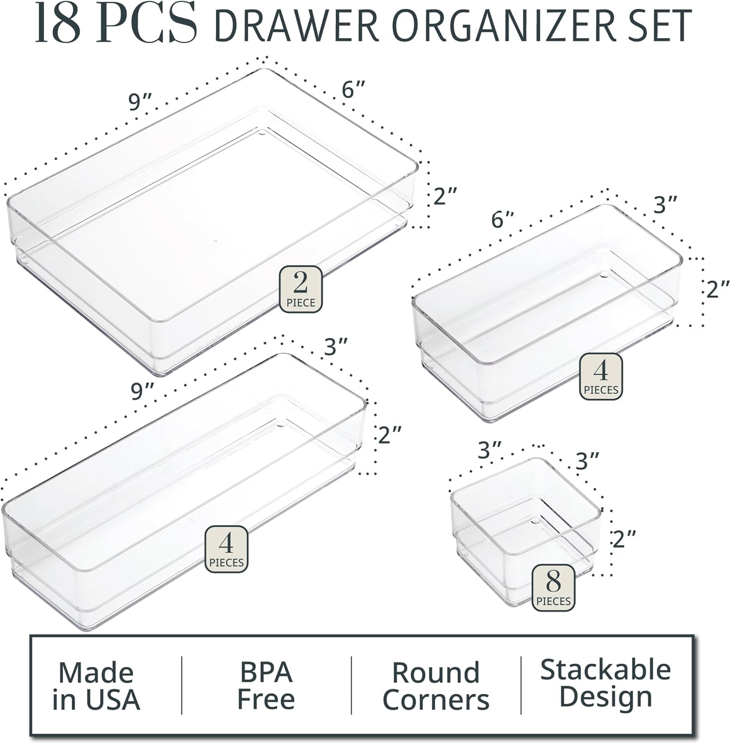 SimpleSort 18-Piece Clear Drawer Organizer Set