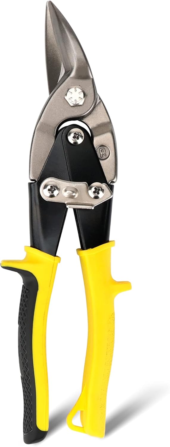 B BOSI TOOLS 10 Inch Aviation Tin Snips Right Cut, Heavy Duty Sheet Metal Cutter Snips Shears Cutting Metal Sheet Chrome Vanadium Steel Sharp Blades Safety Latch