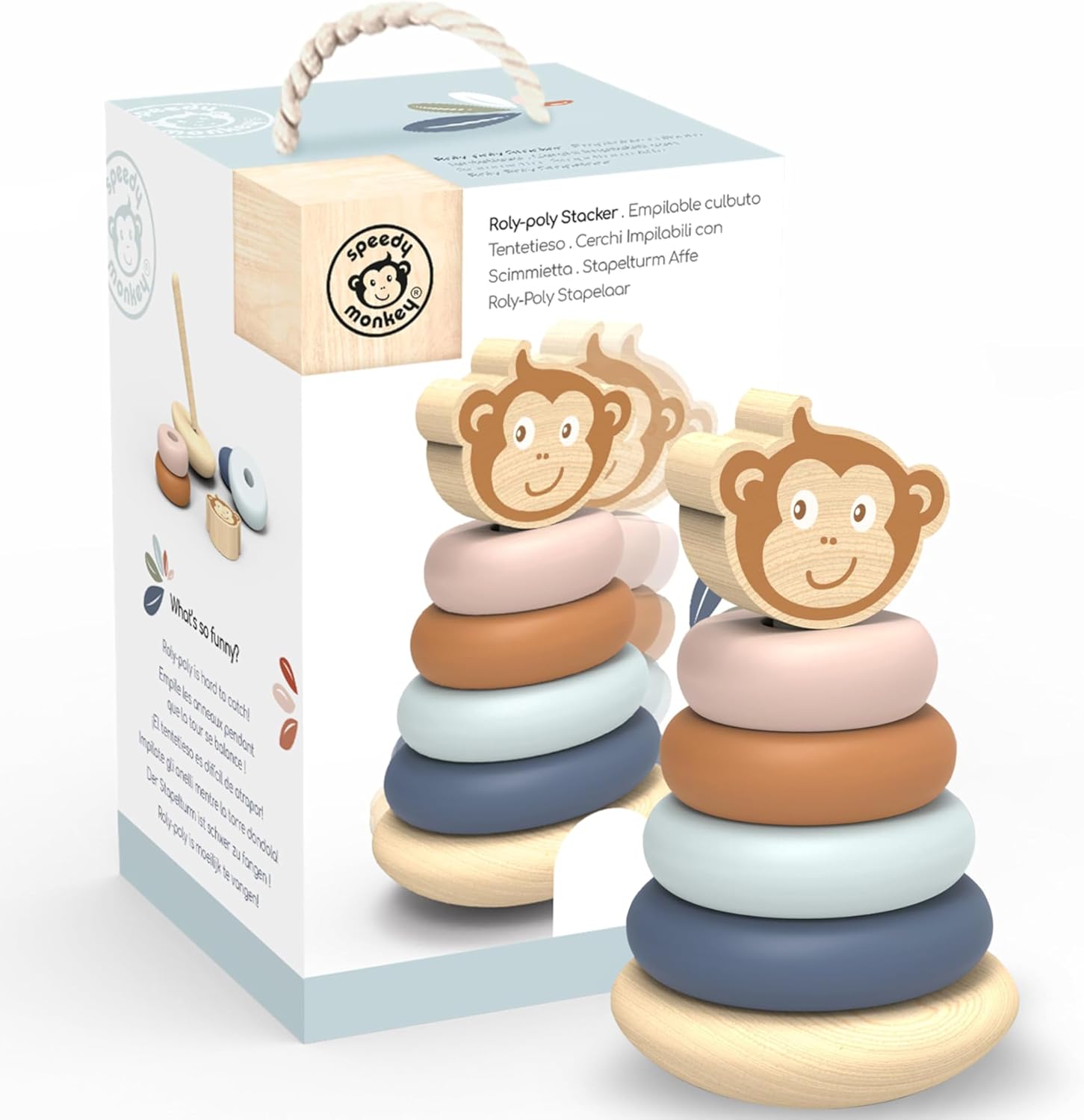 SPEEDY MONKEY Roly Poly Stacker Toy for Toddlers | Wooden Stacking Toy for Baby Boys & Girls | FSC-Certified Wobble Base with Colorful Rings for Fine Motor Skills | Sensory Learning Gift for Kids 1-5