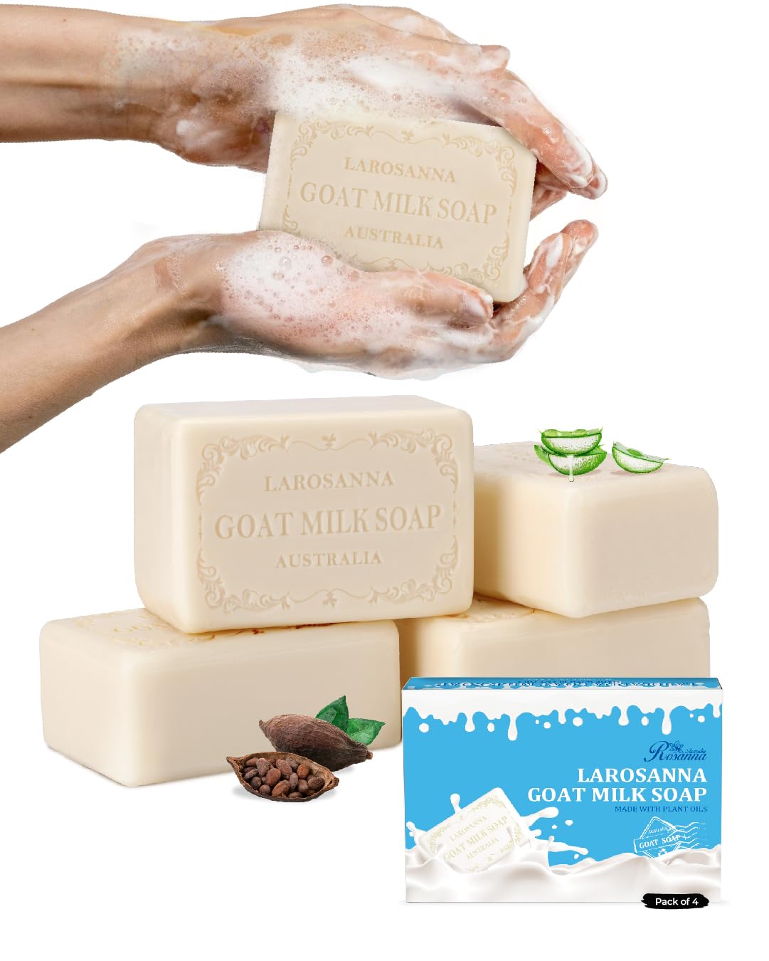 larosanna Australian Goat Milk Soap, Helps Moisturize, Smooth & Cleanse Skin, Triple-milled Bar Soap with Cocoa Butter, Aloe Vera and Pure Plant Oil, Body Soap Bars 6.3 oz for Adults & Babies, Pack of 4