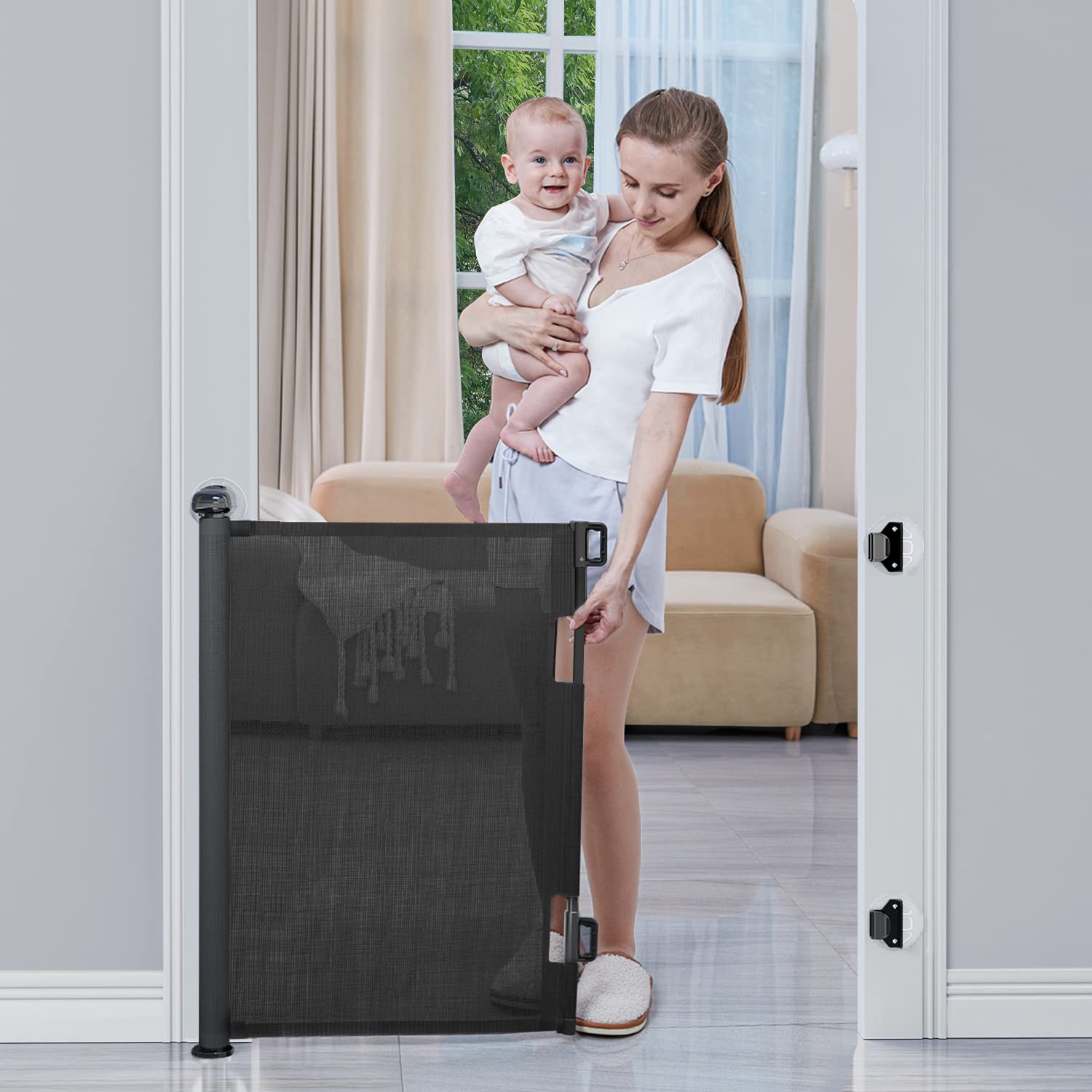 BabyBond Retractable Baby Gates, Punch-Free Install Baby Gate Extra Wide 55" X 33" Tall for Kids or Pets Indoor and Outdoor Dog Gates for Doorways, Stairs, Hallways, Black