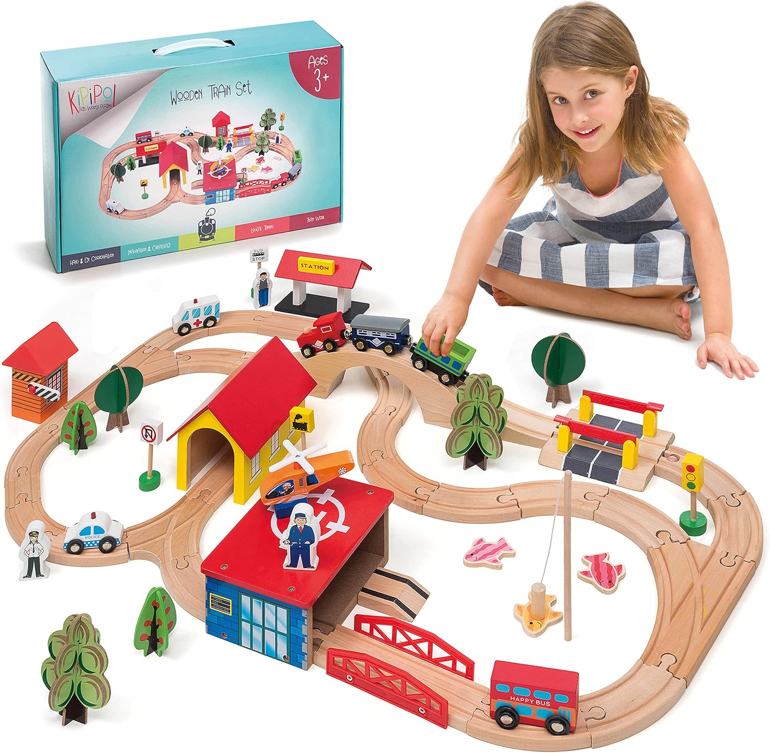 KipiPol Wooden Train Set - 69 Pieces