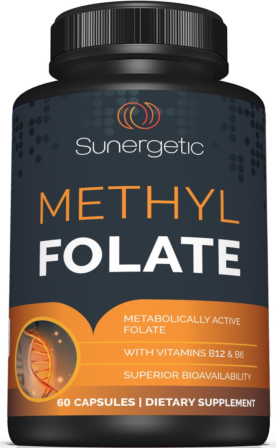 Sunergetic Premium Methyl Folate Supplement – with Active Methylated B Complex Vitamins B12 & B6 - Supports Mood, Energy & Homocysteine Metabolism - 60 Capsules