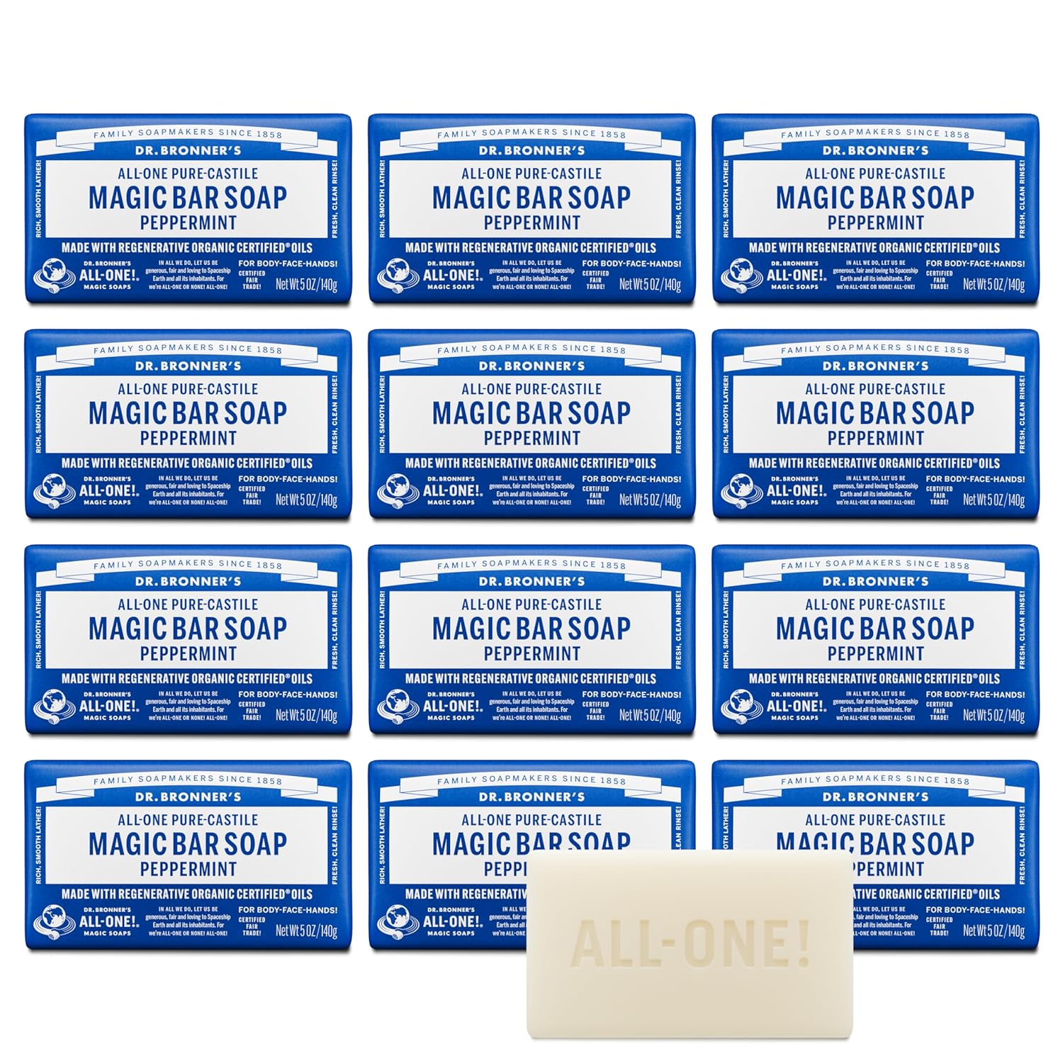 Dr. Bronner's - Pure-Castile Bar Soap (Peppermint, 5 Ounce, 12-Pack) - Made with Organic Oils, For Face, Body & Hair, Gentle & Moisturizing, Biodegradable, Vegan, Cruelty-free, Non-GMO