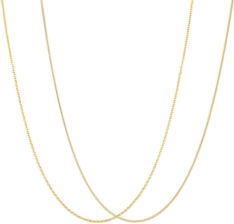 KISPER Italian 18K Gold Plated 925 Sterling Silver Diamond Cut Box & Cable Link Chain Necklace Set - for Women & Men - with Spring Ring Clasp & Lobster Claw Clasp - Made in Italy, 16"