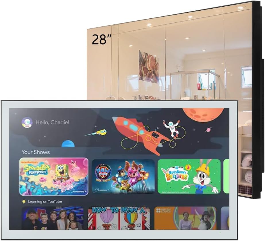 elecsung 28 inches Smart Mirror for Bathroom, 4K UHD, IPX6 Waterproof, Goo-Gle Android 11.0, ATSC DTV Television, Voice Control with Wi-Fi & Bluetooth, 2026 Model