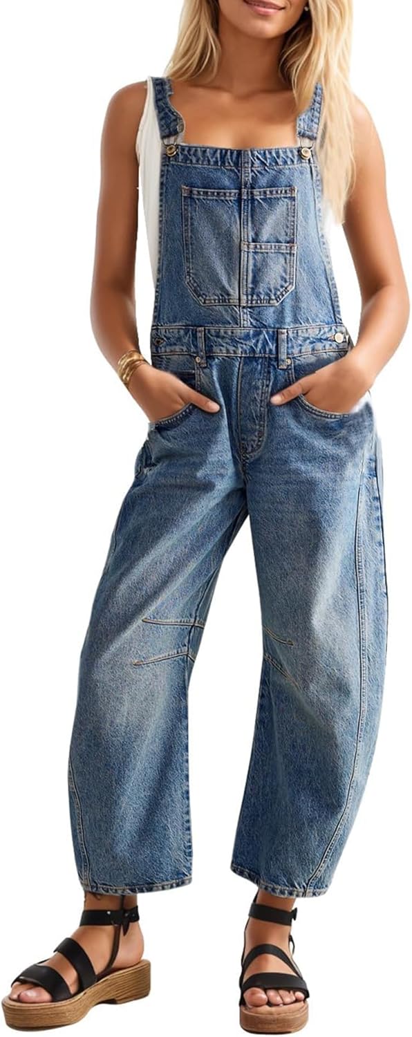 Ladyful Women's Overall Casual Straight Wide Leg Bib Jeans Overall Adjustable Straps Denim Romper Stretch Jumpsuits