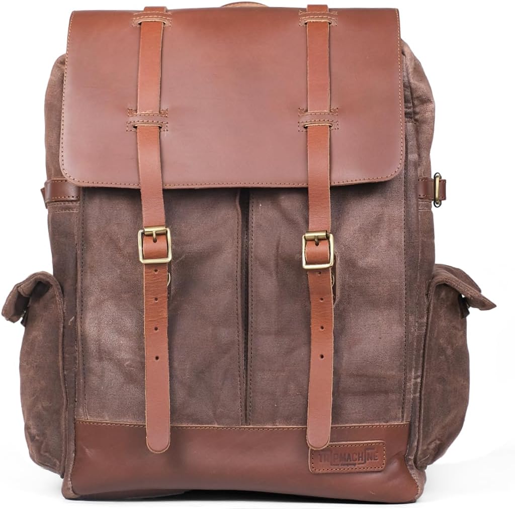 Trip Machine Company Rambler Handmade Waxed Canvas & Full Grain leather Backpack, Waterproof with Motorcycle Mounts, Rain Cover, 4 Quick Access Pockets (45x31x15cm) 24L - By Trip Machine Company- Vintage Tan