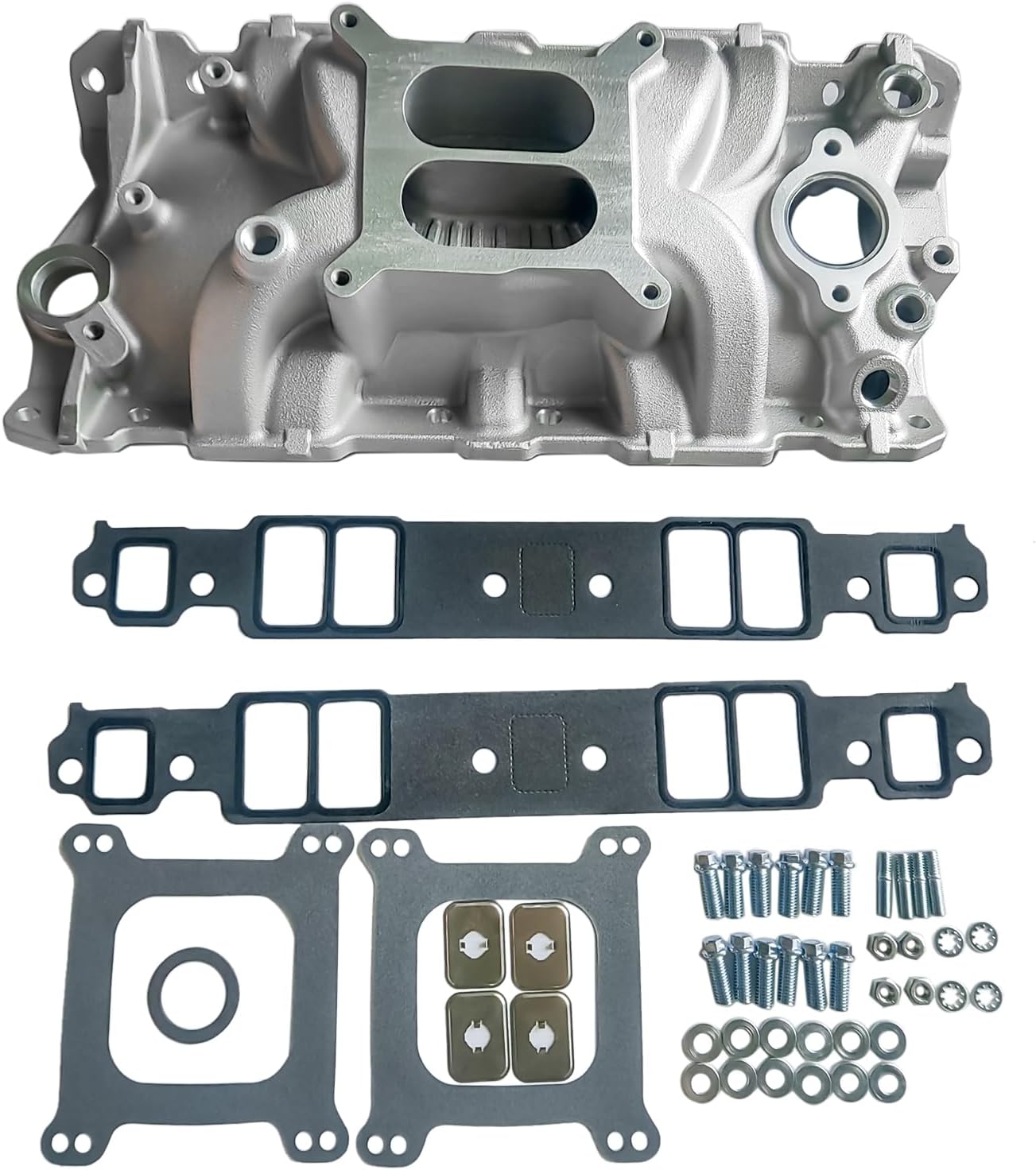 NEWZQ Aluminum Dual Plane Intake Manifold w/Gasket Bolts Studs for Chevy Small Block SBC