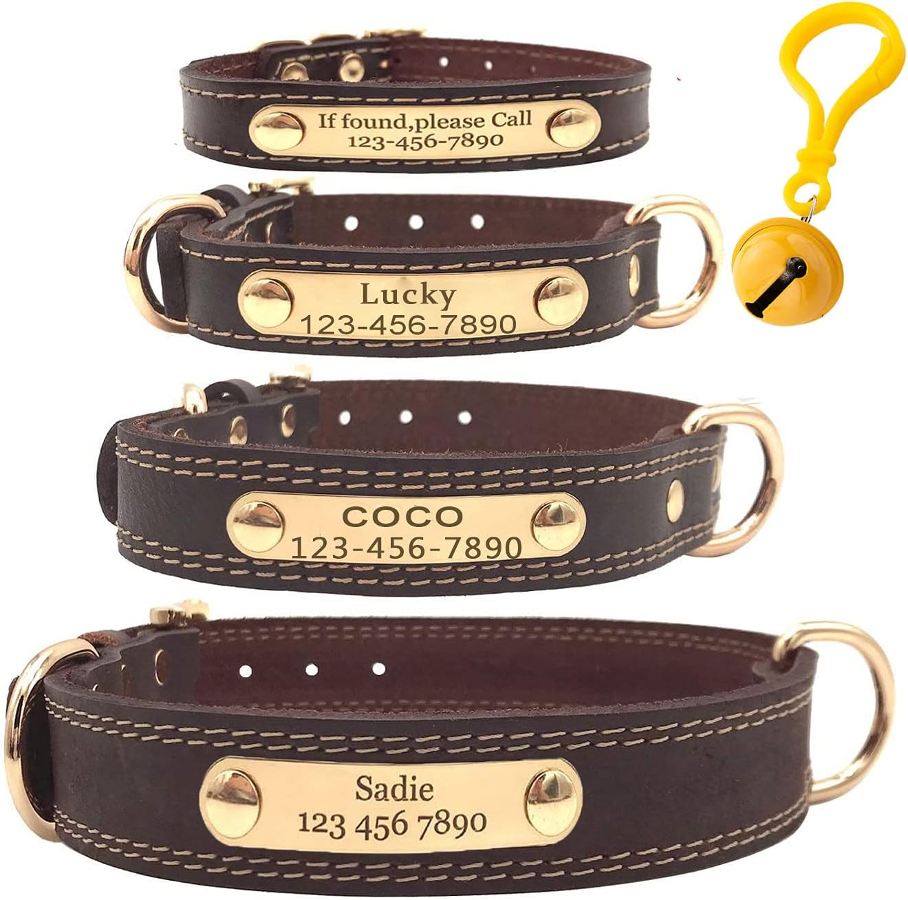 Yunlep Personalized Dog Collar - Engraved Soft Leather in XS, Small, Medium or Large Size, ID Collar with Name and Phone Number(Brown,M)