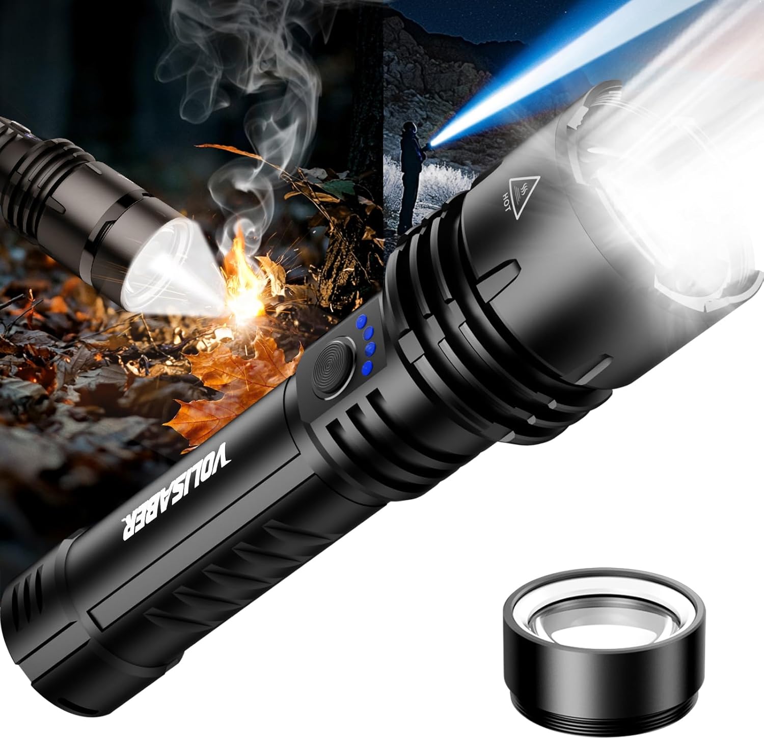 VOLISABER Flashlight 2000 High Lumens with Ignition Lens, Rechargeable Super Bright Zoomable LED Flash Light, 5 Modes Waterproof Handheld Powerful Tactical Flashlights for Camping Essentials Emergency