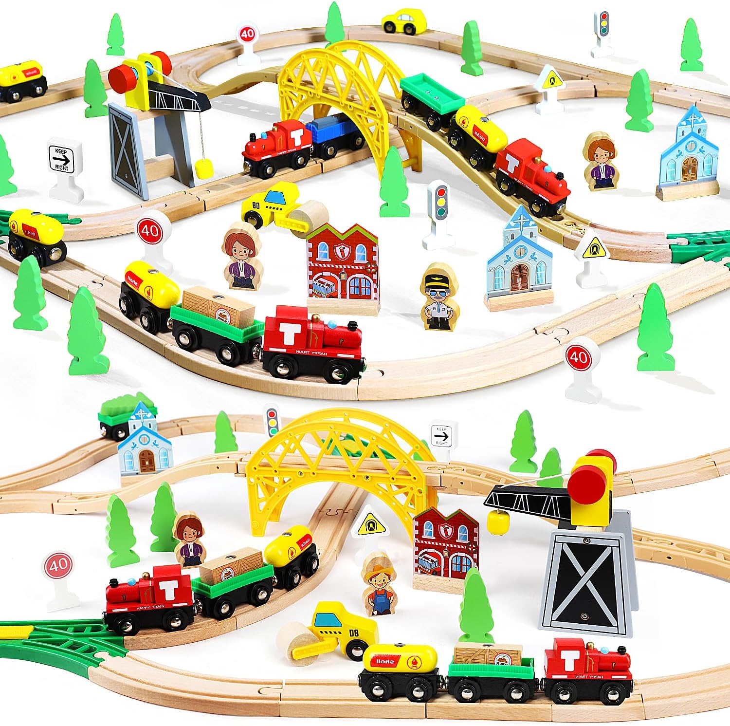 TOY Life Wooden Train Set 60pcs with Magnetic Crane