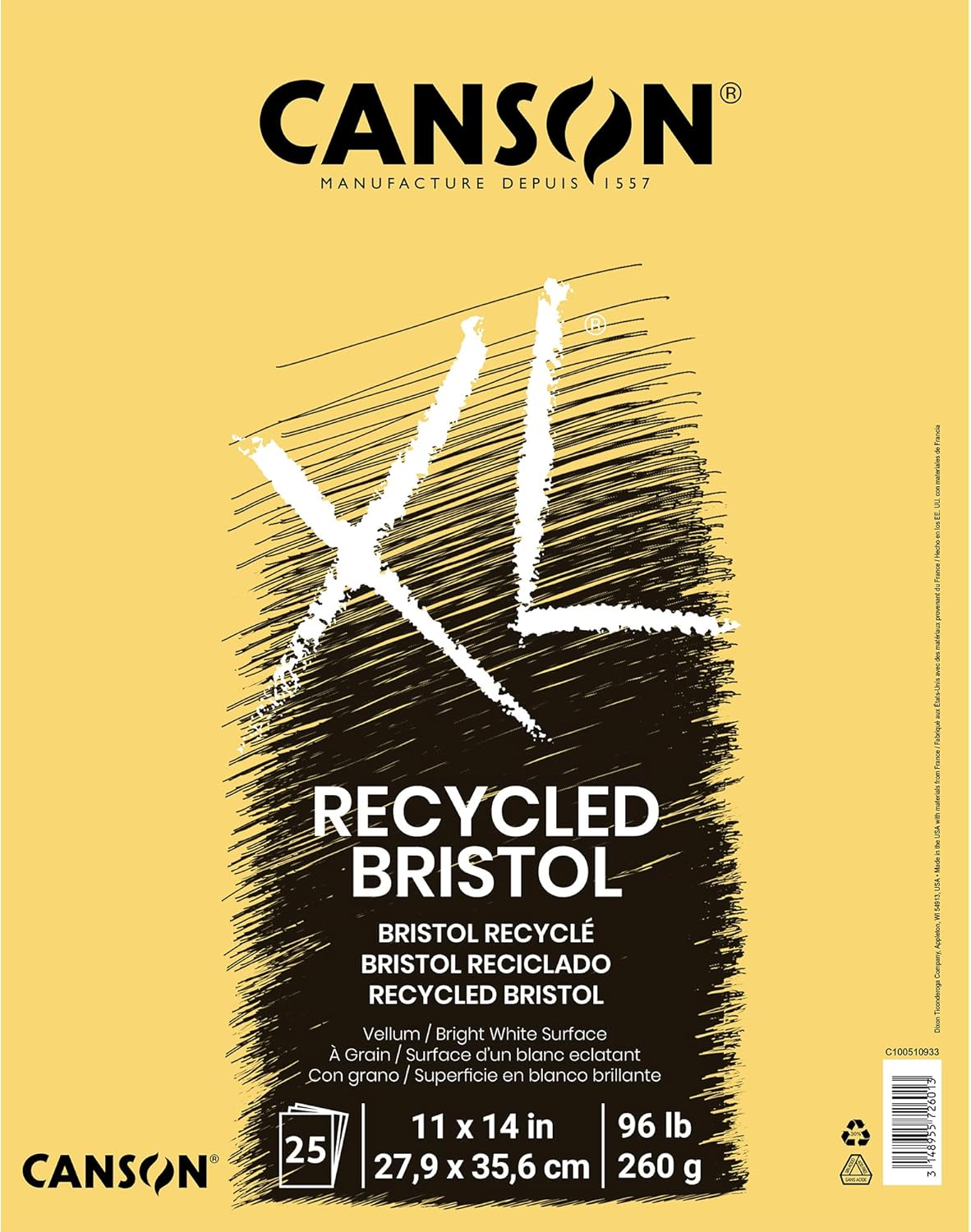 Canson XL Series Recycled Bristol Pad, Foldover, 11x14 Inches, 25 Sheets