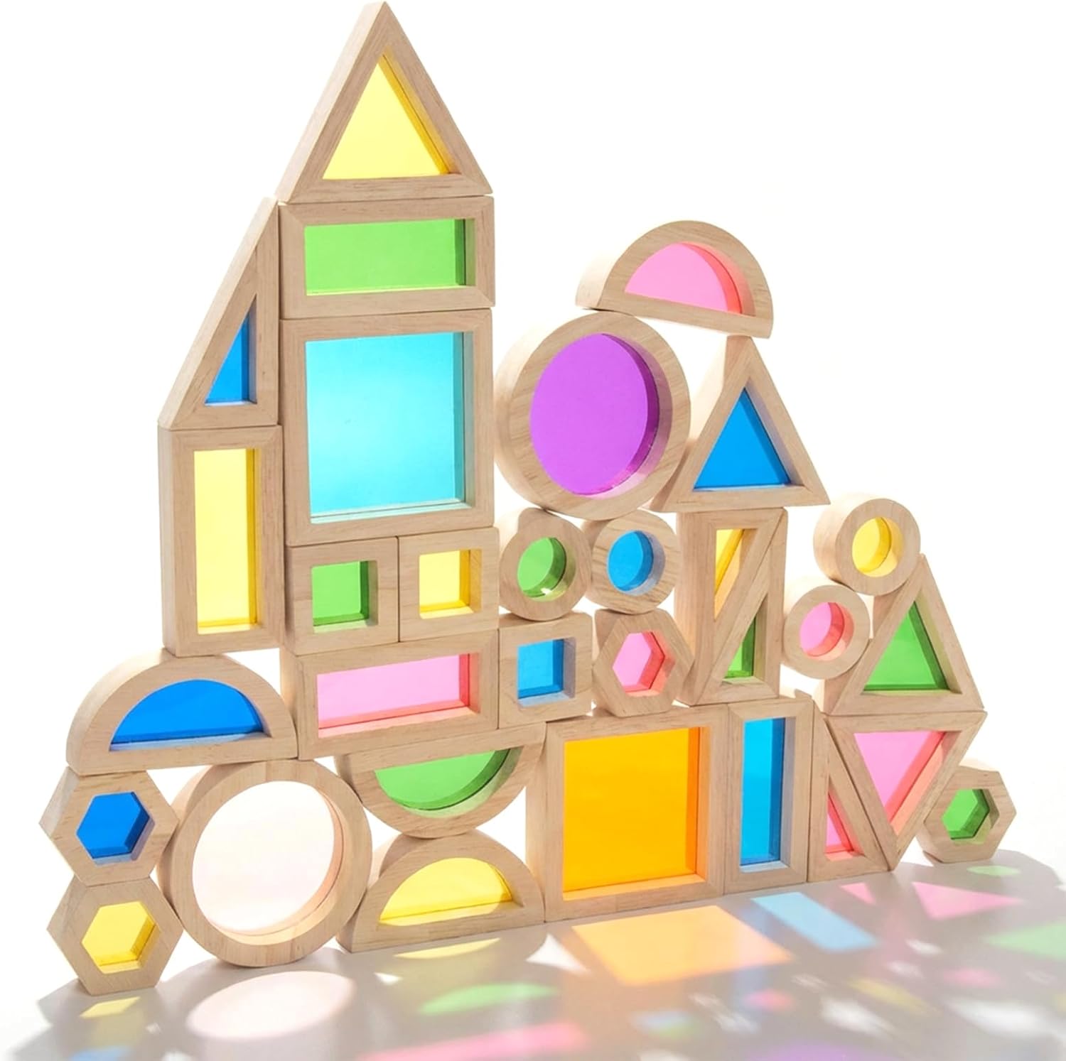 Generic Wood Building Blocks Set for Kids, 32 Pcs Rainbow Stacker Stacking Game Construction Toys Set Preschool Colorful Learning Educational Toys, Geometry Wooden Blocks for Boys Girls