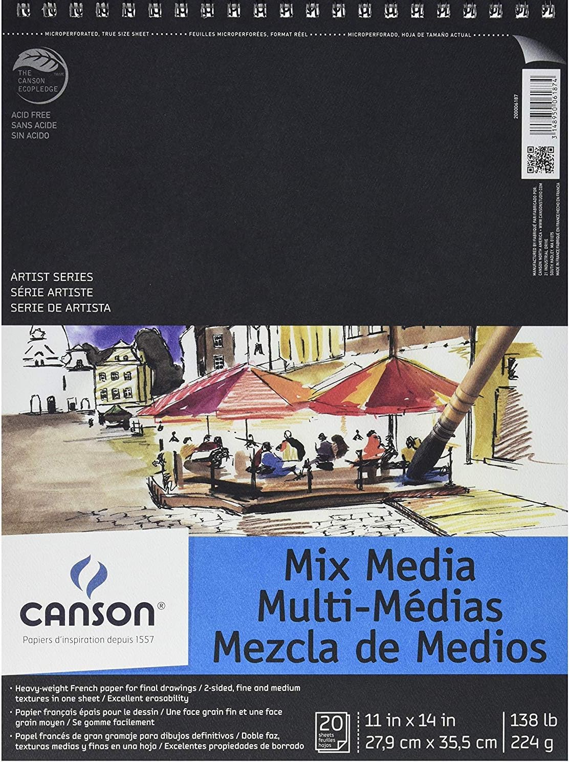 Canson Artist Series Mixed Media Paper, Wirebound Pad, 9x12 inches, 20 Sheets